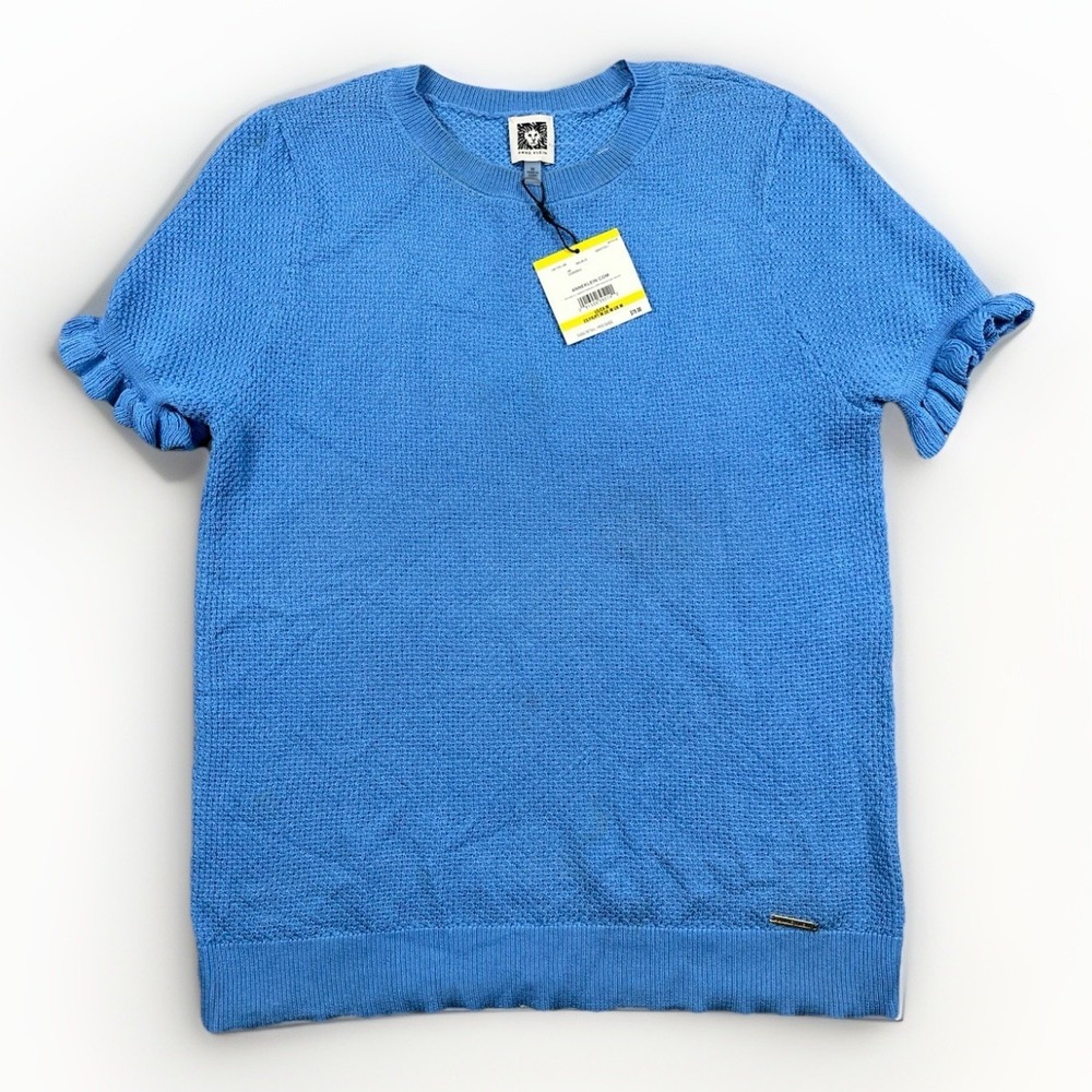 ANNE‎ KLEIN Sweater Top Women's Medium Blue Ruffle Short Sleeve Knit NWT